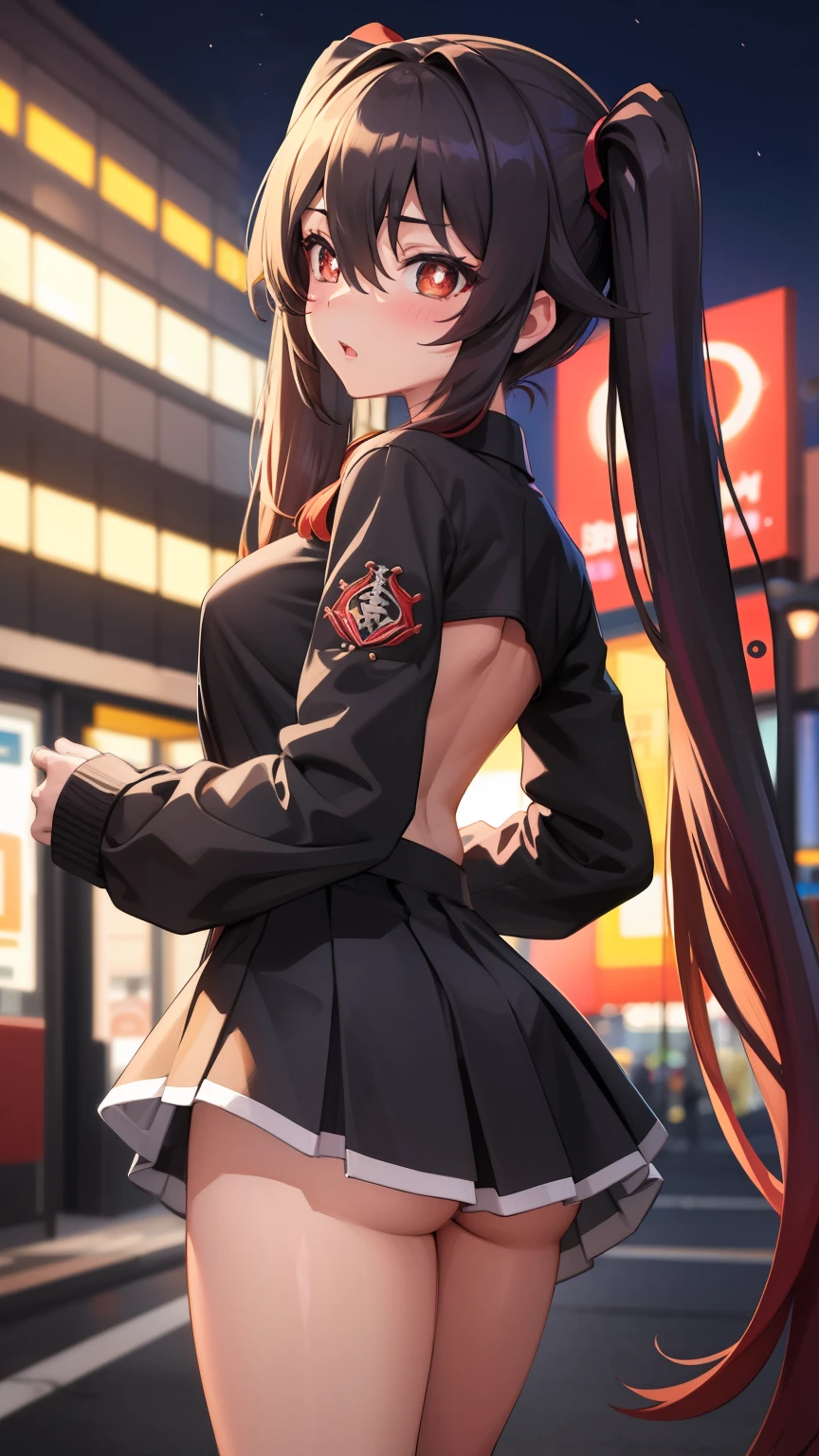 masterpiece, best quality, HuTaoV4, 1girl, solo, blush, twintails, long hair, hair between eyes, ((streetwear clothes)), city, outdoors, night, movie poster, extremely detailed 8K, smooth, high resolution, ultra quality, cinematic lighting, ambient occlusion, hd, 2k, 4k, 8k, 16k, extremely detailed anime, detailed faces, perfect composition, wide shot, atmospheric lighting, very sexy, lift skirt, random low back angle, uncensored, nsfw, sin censura