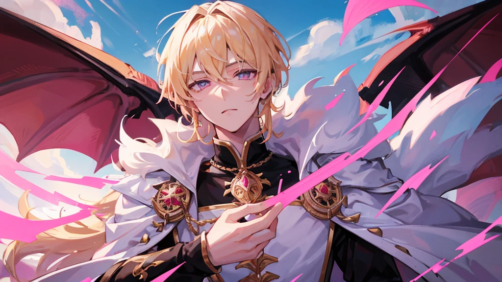 handsome boy, boy with blonde hair, pink eyes, white and black royal clothes, dragon behind him, 8k resolution, sky