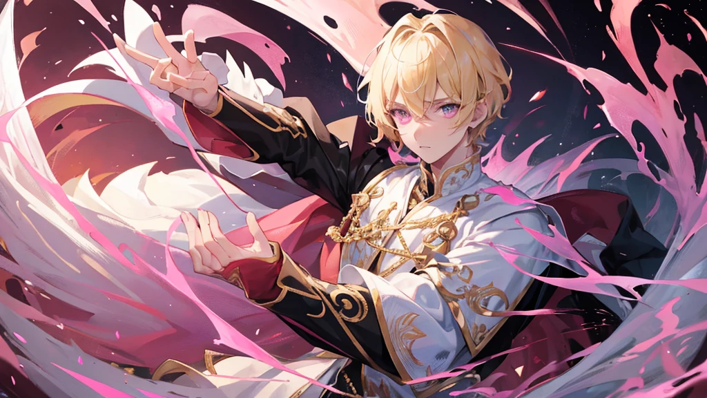 handsome boy, boy with blonde hair, pink eyes, white and black royal clothes, dragon behind him, 8k resolution, sky