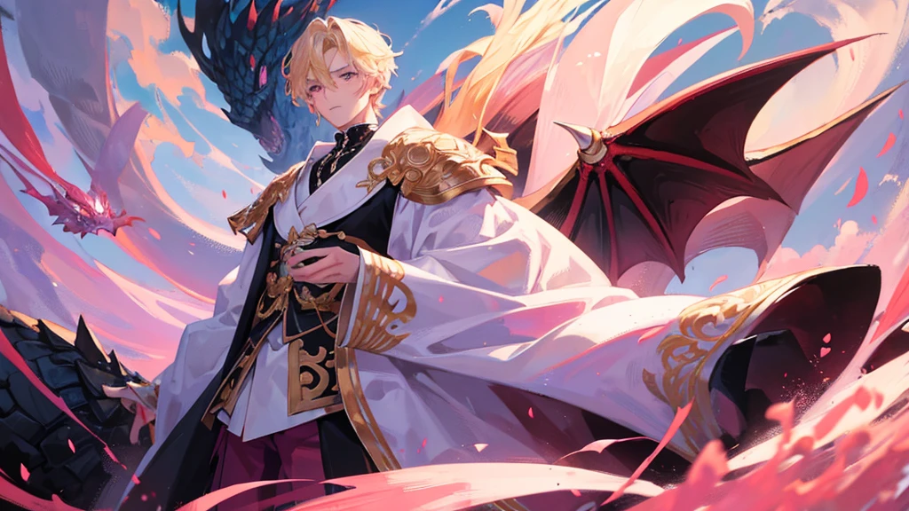 handsome boy, boy with blonde hair, pink eyes, white and black royal clothes, dragon behind him, 8k resolution, sky