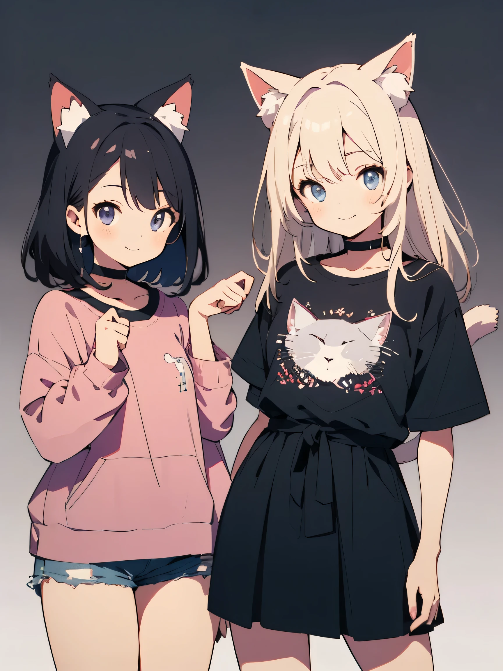 ((highest quality、masterpiece、High resolution、detailed)), beautiful anime、((two cute girls)), (dog ears),(Cat ear)、(tail)、 looking at the viewer, smile, casual outfit,(Cute decorative background、simple background)