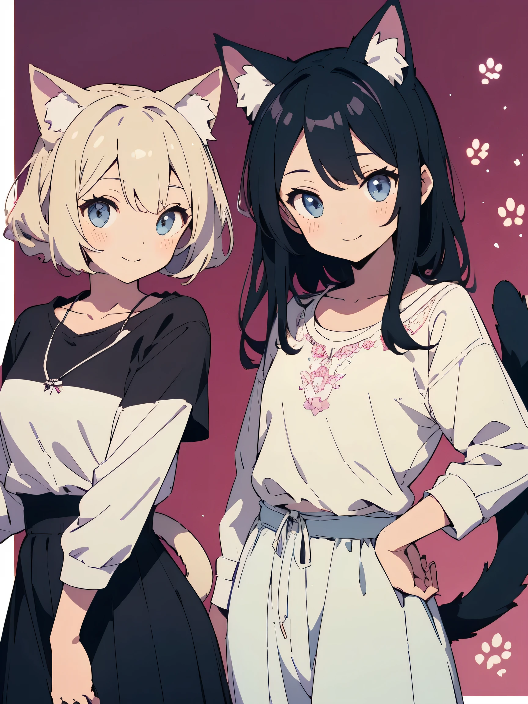 ((highest quality、masterpiece、High resolution、detailed)), beautiful anime、((two cute girls)), (dog ears),(Cat ear)、(tail)、 looking at the viewer, smile, casual outfit,(Cute decorative background、simple background)