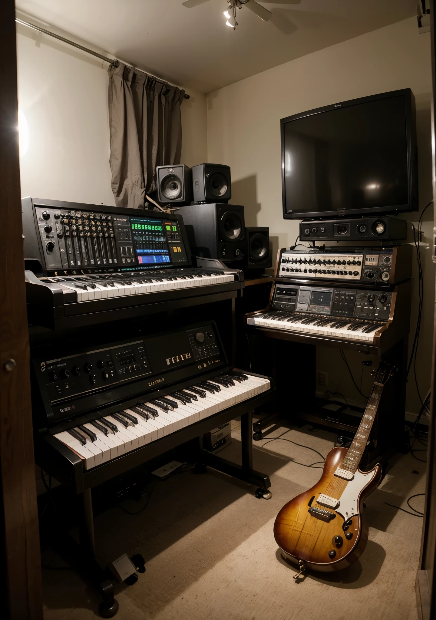 Music studio with multiple instruments, low light