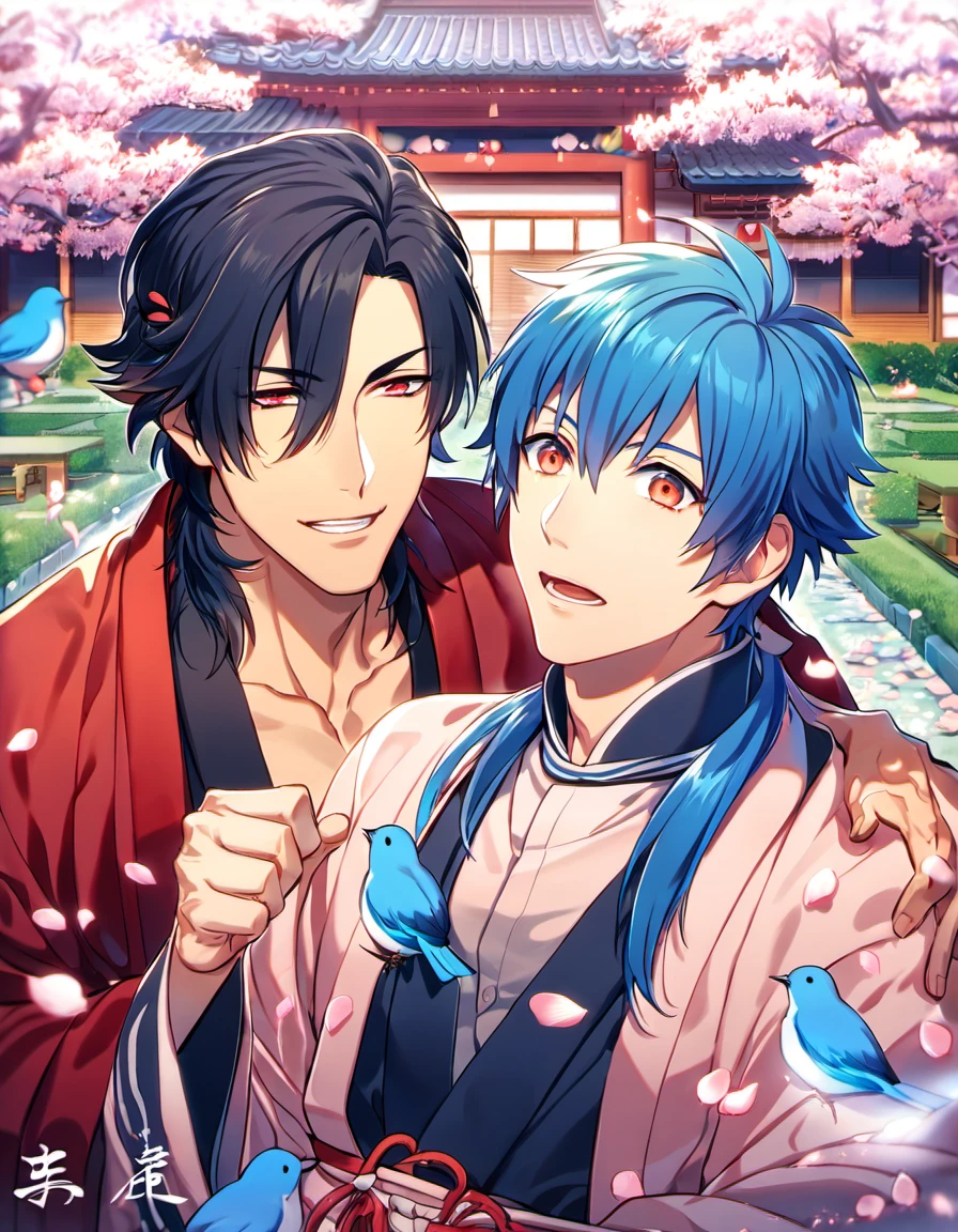 absurdres, highres, ultra detailed, HDR, masterpiece, Koujaku, black navy hair, expressive red eyes, Dramatical Murder, Seragaki Aoba, blue hair, expressive golden eyes, 2men together, gay couple, handsome, red kimono, designed with decorations such as blue birds and cherry blossoms, petals, garden