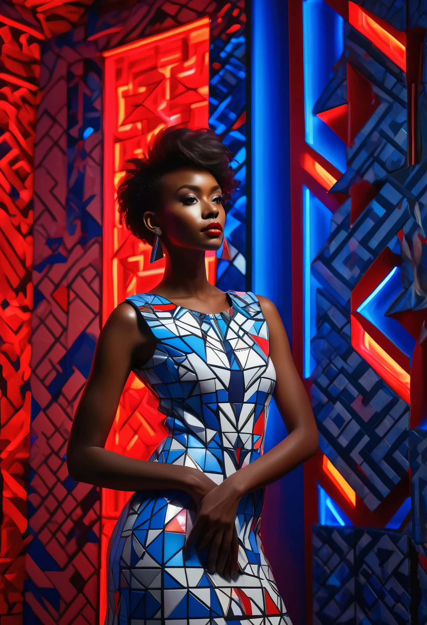 Half body shot of dark skinned black woman wearing a crested crane designed dress, she's standing in a dark building with neon lit red and blue cubism art sculptures and walls, sculptures and walls designed by neon lit red, blue and white cubism art squares, a beautiful vibrant light shining providing an artistic and creative imagery. 