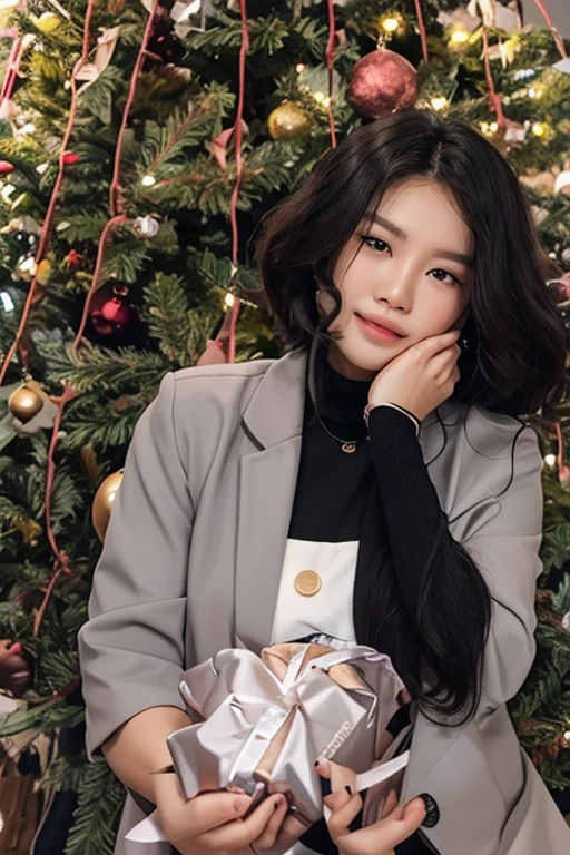 woman in a gray jacket holding a present in front of a christmas tree, with a tree in the background, mai anh tran, holding gift, dang my linh, profile image, 🤬 🤮 💕 🎀, profile picture, in style of lam manh, giving gifts to people, 8k)), hoang long ly, with a tall tree