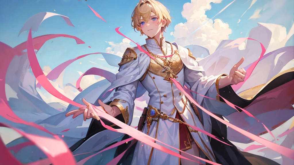 handsome boy, boy with blonde hair, pink eyes, white and black royal clothes, dragon behind him, 8k resolution, sky