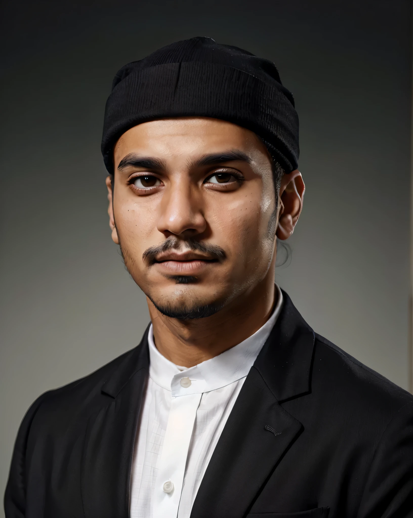 half body portrait of a Muslim man without a mustache and beard with a black skull cap wearing a black blazer and white shirt