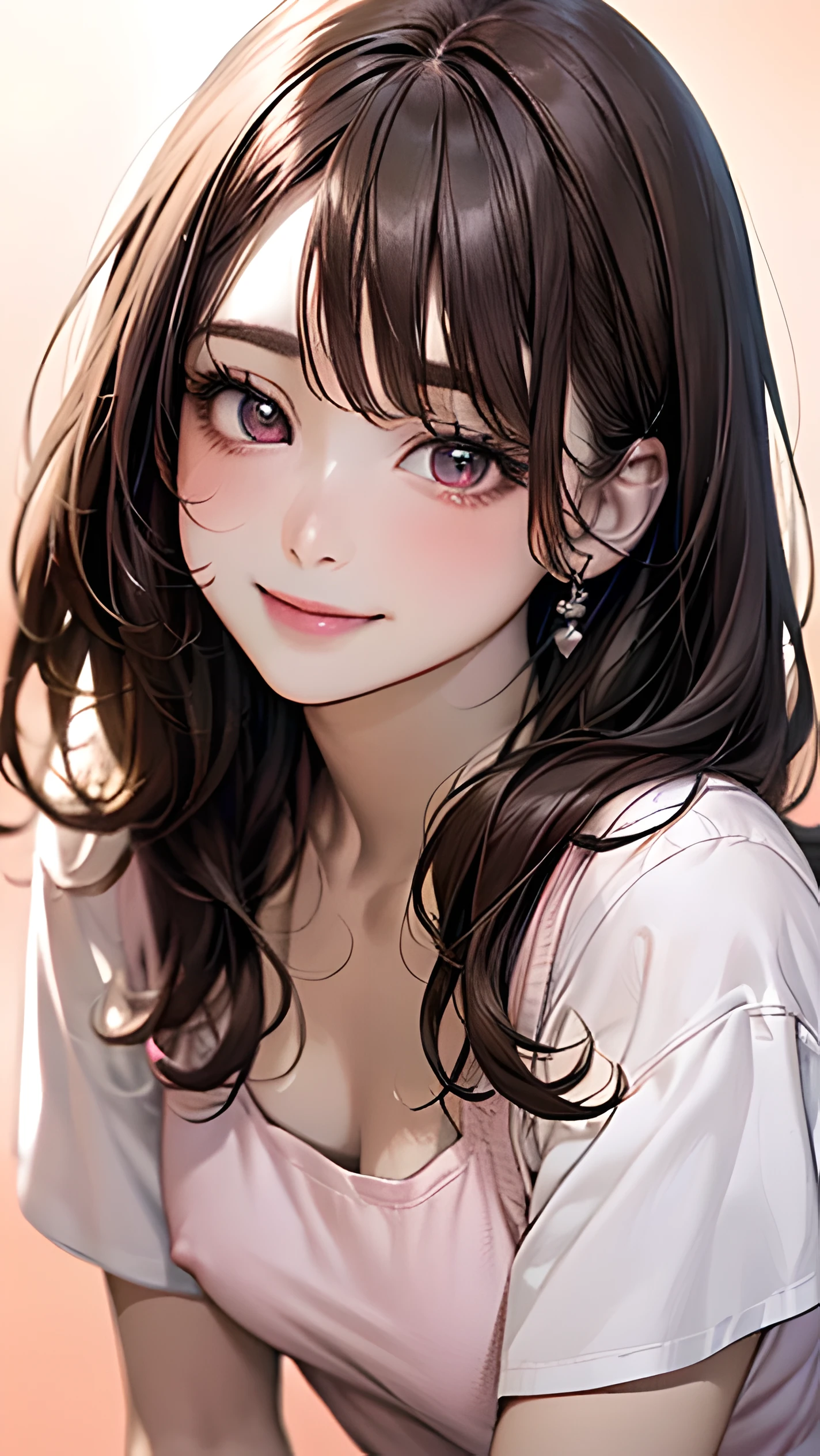 (masterpiece:1.2, highest quality), (realistic, photorealistic:1.4), beautiful illustrations, (natural side lighting, movie lighting), NSFW, looking at the viewer, 25 year old woman、long hair、cute clothes, sexy、Japanese, white wall, perfect face, Cute symmetrical face, shiny skin, (long hair:1.5, brown hair), shining eyes, Small eyes Long eyelashes, (medium breasts), beautiful hair, beautiful face, detailed and beautiful eyes, beautiful clavicle, beautiful body, beautiful breasts, beautiful thighs, beautiful feet, beautiful fingers, shot from the chest up, (cute smile, upper eye),(light pink background:1.5)、Ochame、（white t-shirt:1.5)