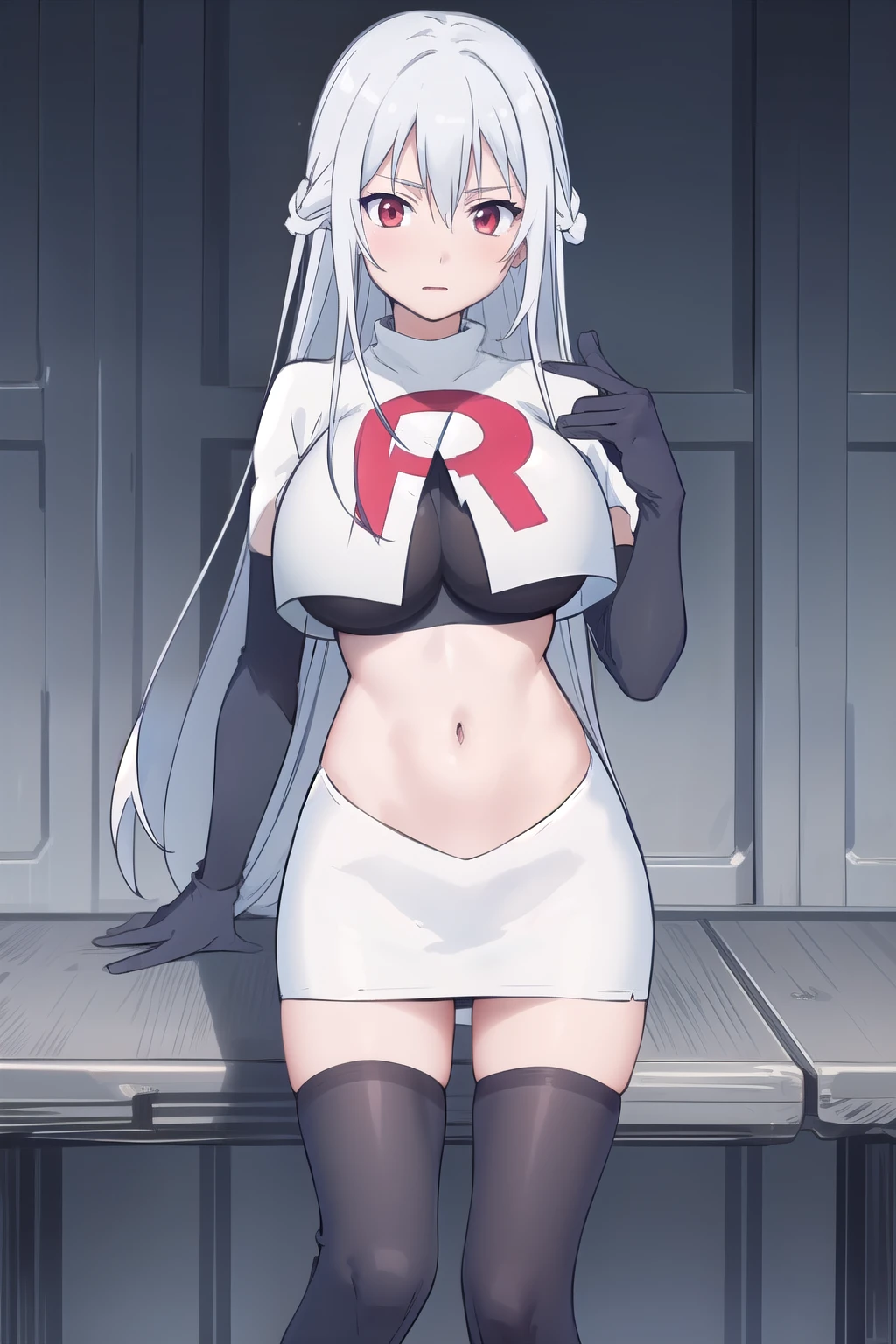 (masterpiece, best quality:1.2),illustration,8k,hd,1girl,solo,very_long_hair,large_breasts,red_eyes,white_hair,zettai_ryouiki,team rocket,team rocket uniform,white skirt,red letter R,crop top,black thigh-highs,black elbow gloves