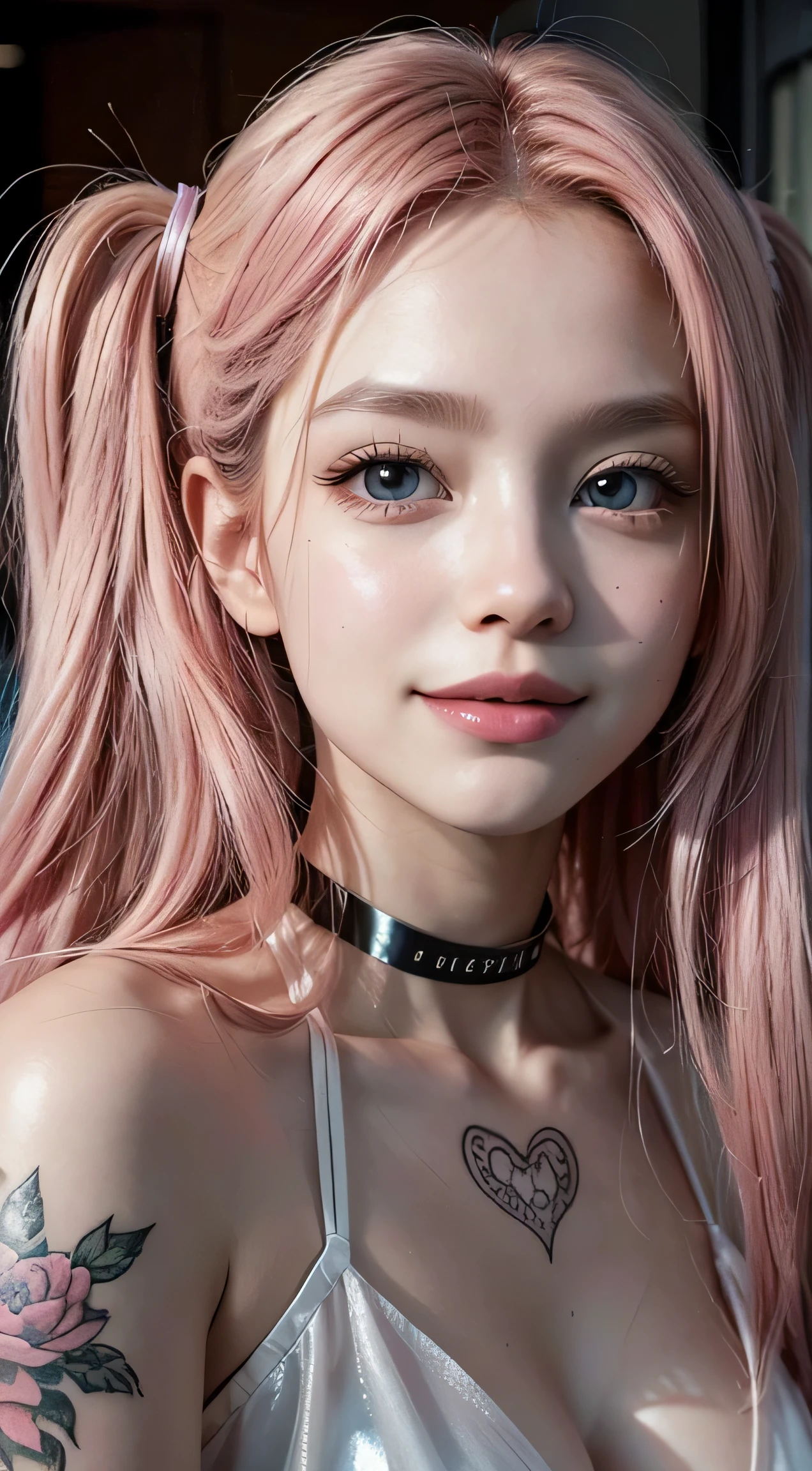 16-year-old girl，ssmile，adolable，（high-top fade：1.3），Two long blue and pink braids，Bigboobs，Pink theme，blue color eyes，soothing tones，Bright colors，hight contrast，（Natural skin texture，ultra-realistic realism，the soft light，Sharp）