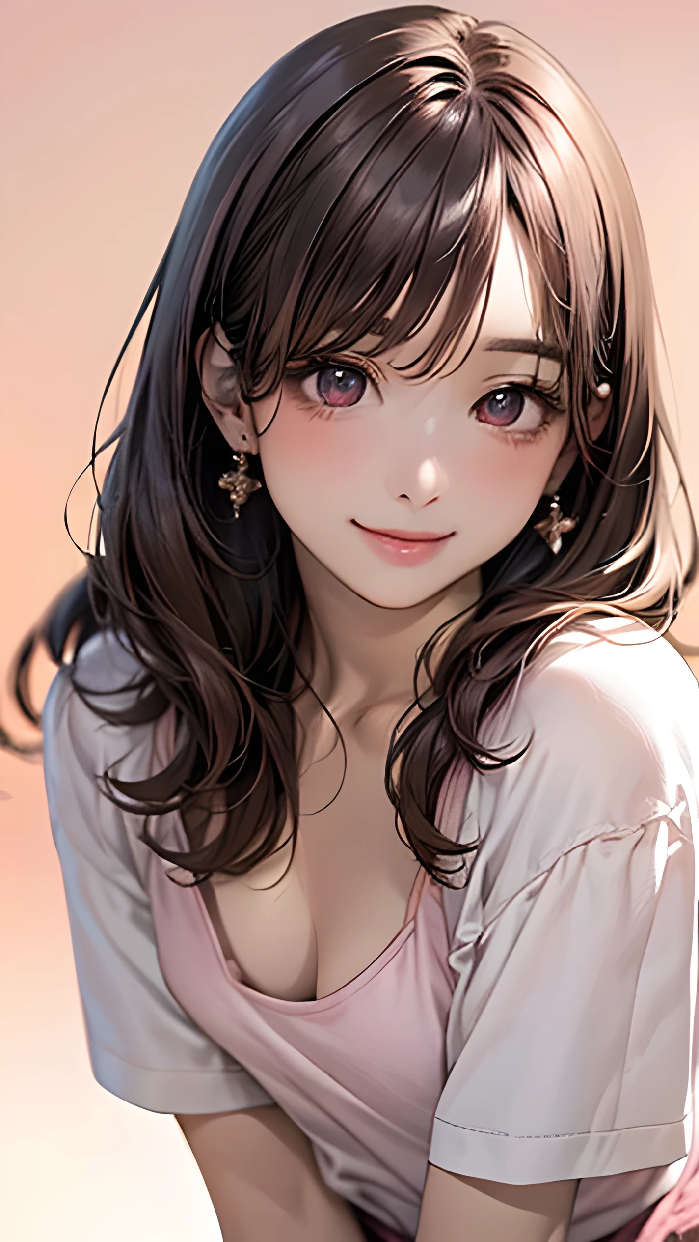 (masterpiece:1.2, highest quality), (realistic, photorealistic:1.4), beautiful illustrations, (natural side lighting, movie lighting), NSFW, looking at the viewer, 25 year old woman、long hair、cute clothes, sexy、Japanese, white wall, perfect face, Cute symmetrical face, shiny skin, (long hair:1.5, brown hair), shining eyes, Small eyes Long eyelashes, (medium breasts), beautiful hair, beautiful face, detailed and beautiful eyes, beautiful clavicle, beautiful body, beautiful breasts, beautiful thighs, beautiful feet, beautiful fingers, shot from the chest up, (cute smile, upper eye),(light pink background:1.5)、Ochame、（white t-shirt:1.5)