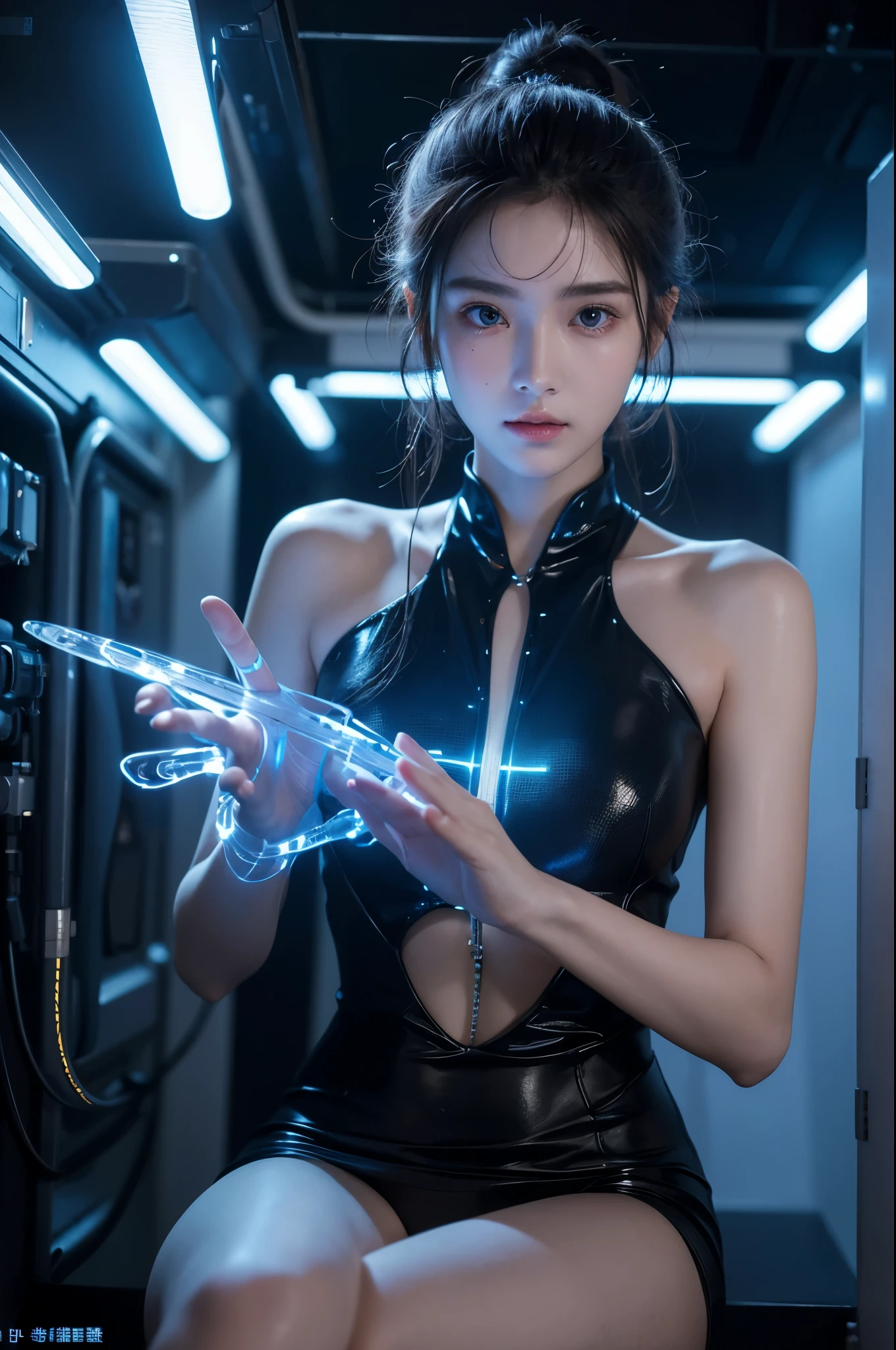 8K,(looking at camera)， master's work, complete figure, focusing on calves, 18 years old, wearing transparent science fiction clothes, exquisite faces, details, hands, ultimate details, amazing magnificent, LED internal lighting, Cyberpunk style, fiber fiber hair , Glowing blue iris,