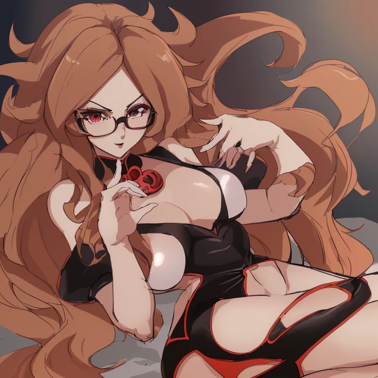 Android 21 from dragon ball fighter z game. bata de laboratorio blanca. Long brown hair down to the back. Lentes color negro. Con pose sexy