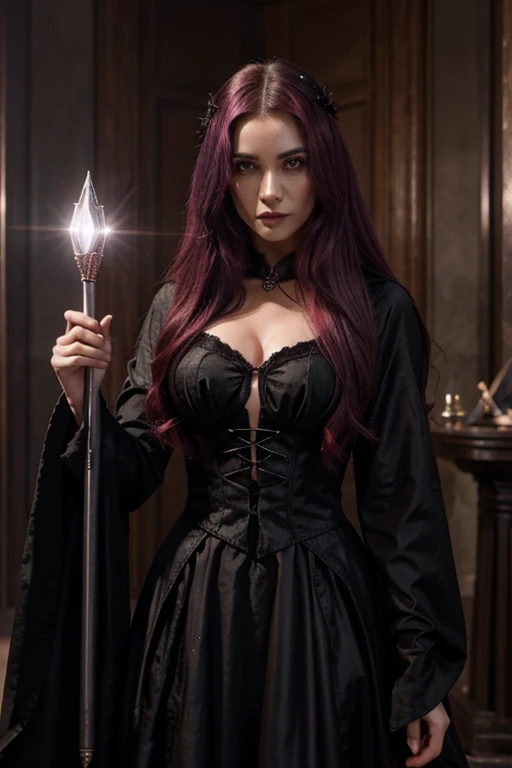 A gothic wizard with a magic scepter, tem cabelos vermelhos e pele rosa e olhos verdes brilhantes, com roupas sexys