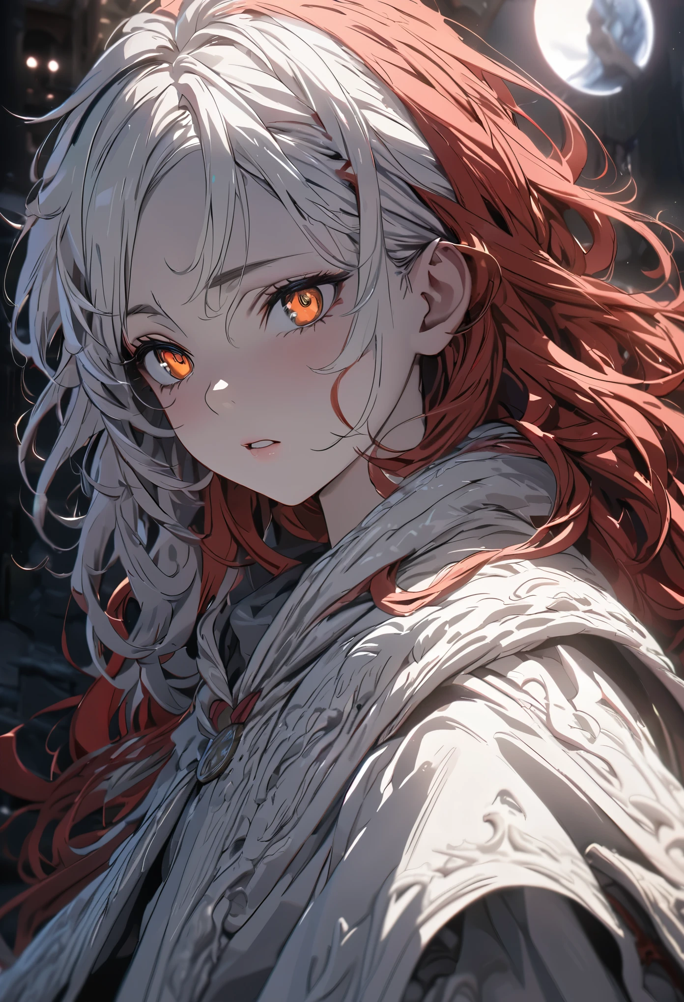 (absurdres, highres, ultra detailed), masterpiece, perfect resolution, great detail, super detailed, detailed face, pale skin, pink dry lips, orange eyes, (black sclera), light eyes, tired looking, tired eyes, white hair, mixed red hair, messy hair, unkept hair, long hair, dense hair, mane hair, Berserk eclipse scenery, ((cloak made of shadows)), depth of field, (12 years old), cinematic lighting, ray tracing, depth of field, cinematic lighting, ray tracing, UHD, high details, best quality, highres, high quality, award winning, super detail, masterpiece, 8k, UHD, high details, best quality, highres, high quality, award winning, super detail, masterpiece, 8k, digital art, anime coloring
