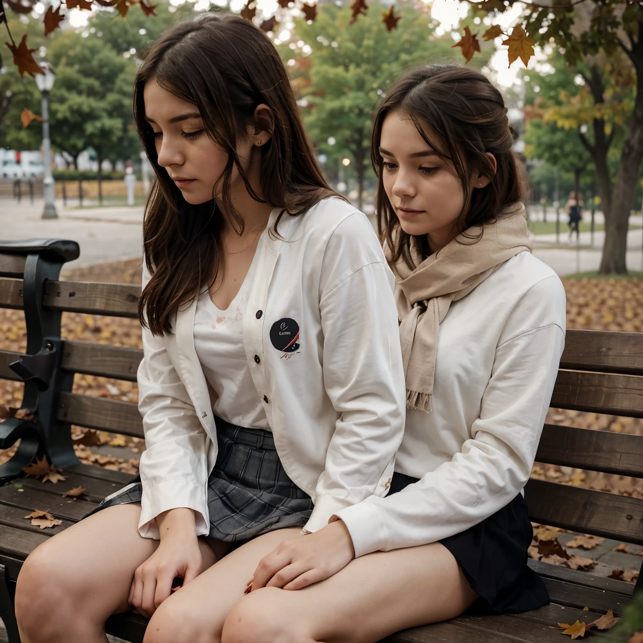 Female supermodel sits on a park bench in Hyde park of London and wears a white T-shirt and navy blue mini-skirt girl with Labrador dog