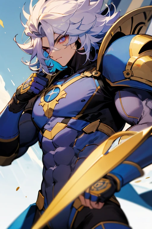 Hombre, muscular, alto, pelo morado, ojos azules, con armadura de caballero