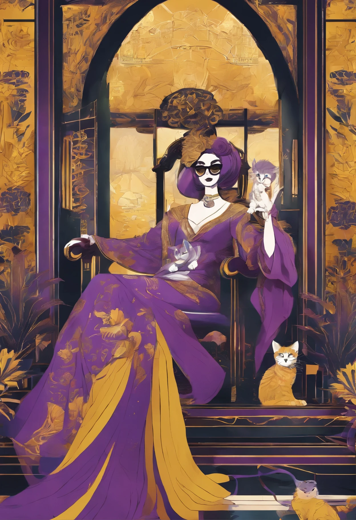 A huge cat, with vertical chartreuse pupils, sat on the carpet in the bedroom and played with a cute chinese girl, she has purple hair and sun glasses. They are very excited and dressed in cool black, white and gold. Zbrush. hyper realistic oil. exaggerated perspective, contour shadow, realistic 8k, and add some there is a skeleton with cloak that is sitting in a forest