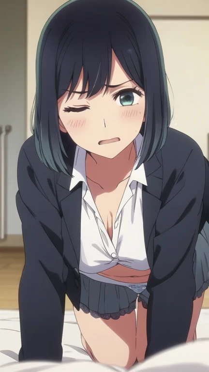 masterpiece, highest quality, , 1 girl, alone,Perfect beautiful light, looking at the viewer, Upper body, Depth of the bounds written, anime coloring book, , Kurokawa Akane, black hair,， Blu-ray,（（ (One eye closed:1.5),））,（（open your mouth））,get down on all fours,　troubled expression,（（open your mouth:1.5））,exposed chest,Fully open white shirt,exposed chest,Medium chest,（（perfect nipples））,（（get down on all fours））,Perfect tummy,blush,Pale-white lace panties,Perfect slim thighs