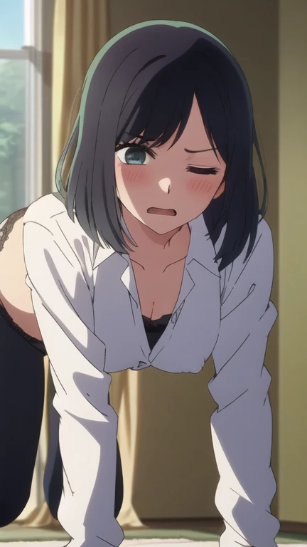 masterpiece, highest quality, , 1 girl, alone,Perfect beautiful light, looking at the viewer, Upper body, Depth of the bounds written, anime coloring book, , Kurokawa Akane, black hair,, Blu-ray,(( (One eye closed:1.5),)),((open your mouth)),get down on all fours, troubled expression,((open your mouth:1.5)),exposed chest,Fully open white shirt,exposed chest,Medium chest,((perfect nipples)),((get down on all fours)),Perfect tummy,blush,Pale-white lace panties,Perfect slim thighs