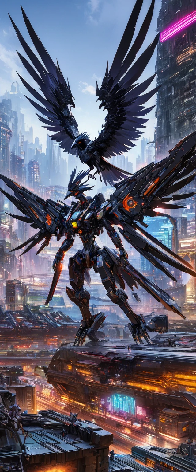 Flying metal mechanical crow，Futuristic metal crow，Mechanical crow，This crow is made entirely of small metal parts，Detailed mechanical wing,metal feather,Precise and complex design,Very fine texture,Shiny steel body,futuristic city background，Beautiful sci-fi art, science fiction figures艺术插画, Digital cyberpunk art, science fiction figures, futuristic digital, Futuristic concept art, In front of sci-fi cityscape, science fiction figures艺术, 先进的Digital cyberpunk art, Fantastic cyberpunk crow