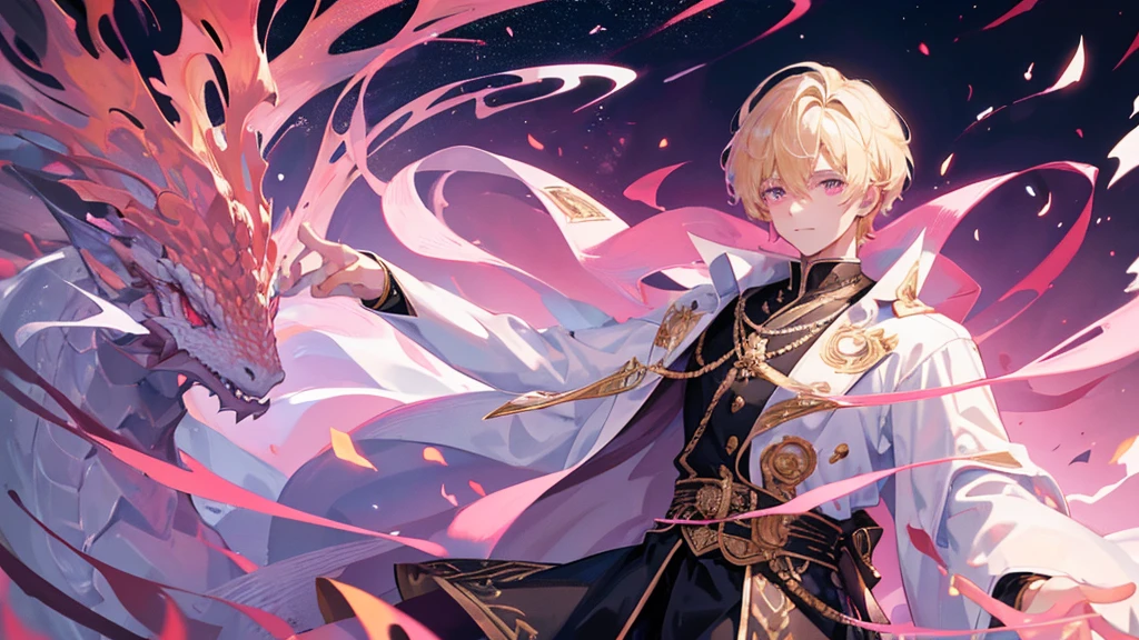 handsome boy, boy with blonde hair, pink eyes, white and black royal clothes, dragon behind him, 8k resolution, sky