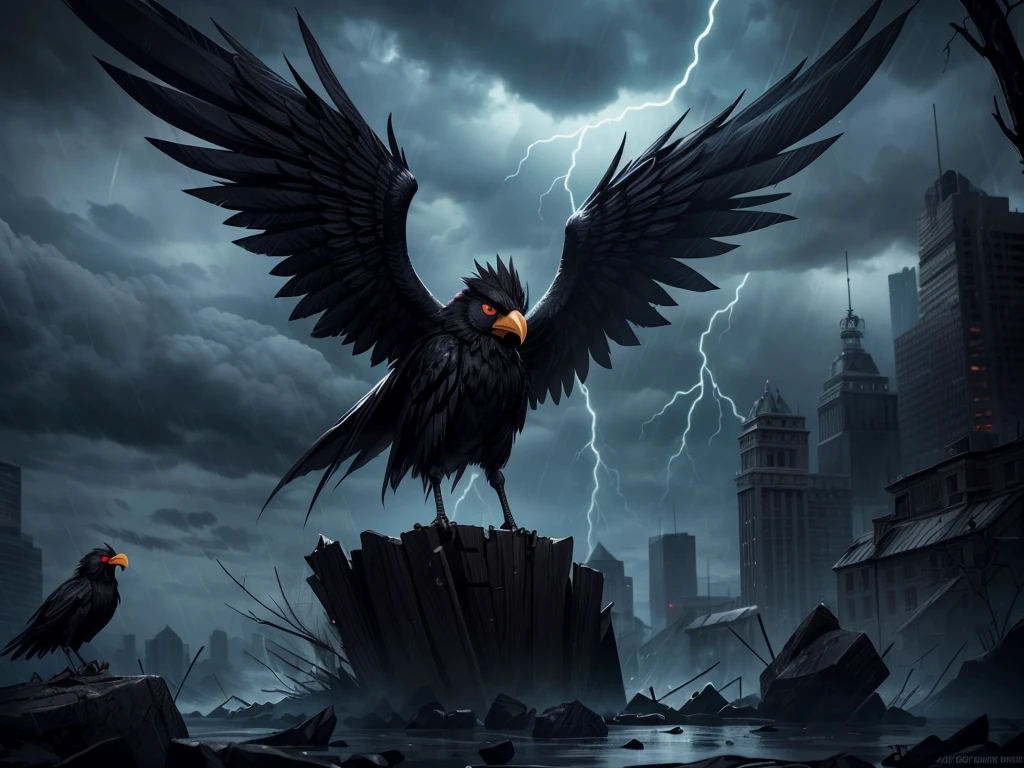 angry crow,black feathers,sharp beak,piercing eyes,spreading wings,dark atmosphere,ruffled feathers,ominous presence,menacing stance,ominous cawing,foreboding landscape,intense expression,ruffled feathers,menacing aura,dramatic lighting,stormy sky,rainy weather,thunder and lightning,wet feathers,sinister appearance,majestic creature,black as night,bathed in shadows,(best quality,4k,highres),ultra-detailed,realistic,concept artists,moody colors,grim atmosphere