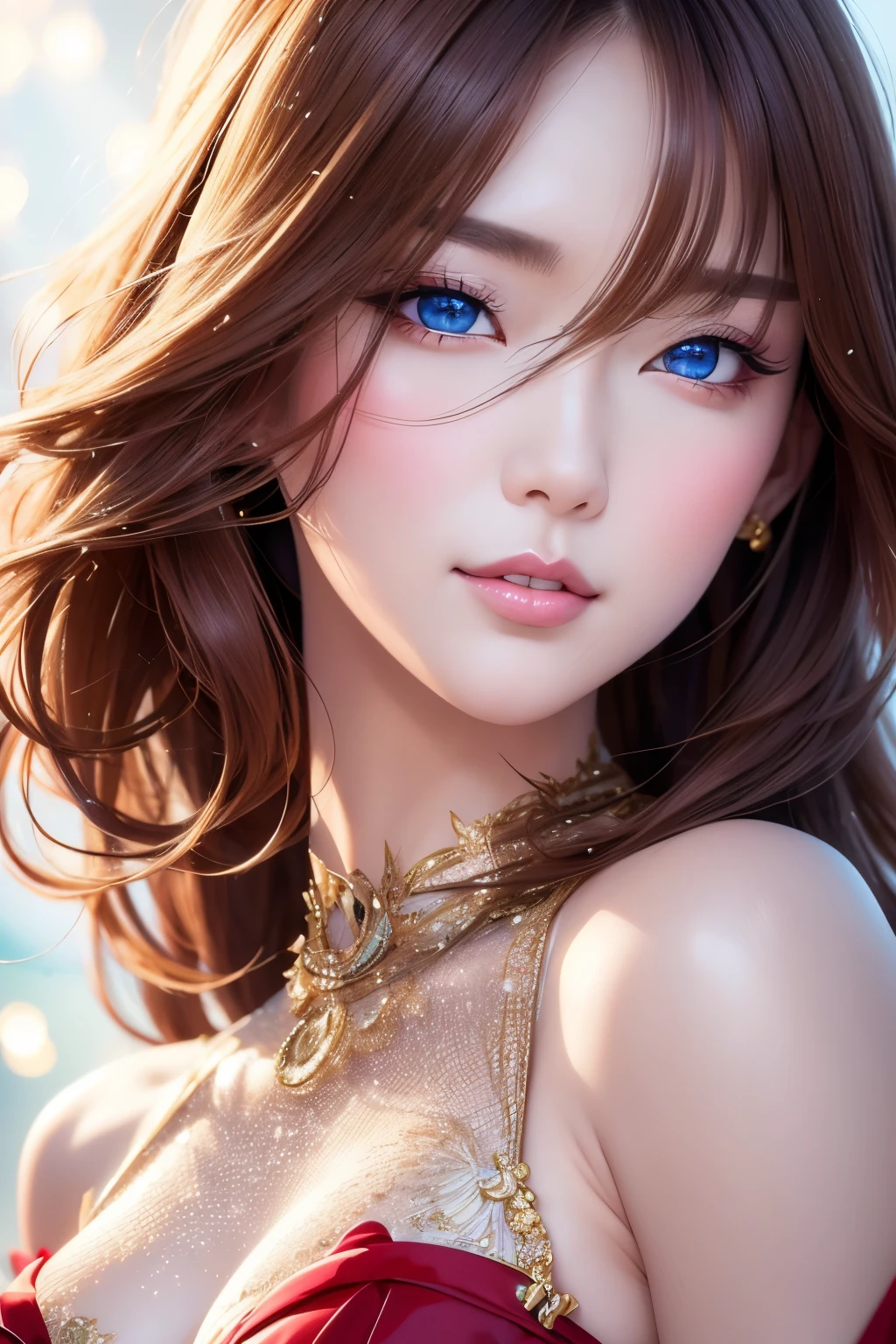 best quality, super fine, 16k, RAW photo, photorealistic, incredibly absurdres, extremely detailed, delicate, flashy and dynamic depiction, beautiful woman like Reiji Matsumoto draws, intelligent cool beauty, excited look, glossy light brown hair, beautiful bright sharp eyes, glossy red lips, wearing elegant lace cocktail dress, superlative body proportion, background simple portrait