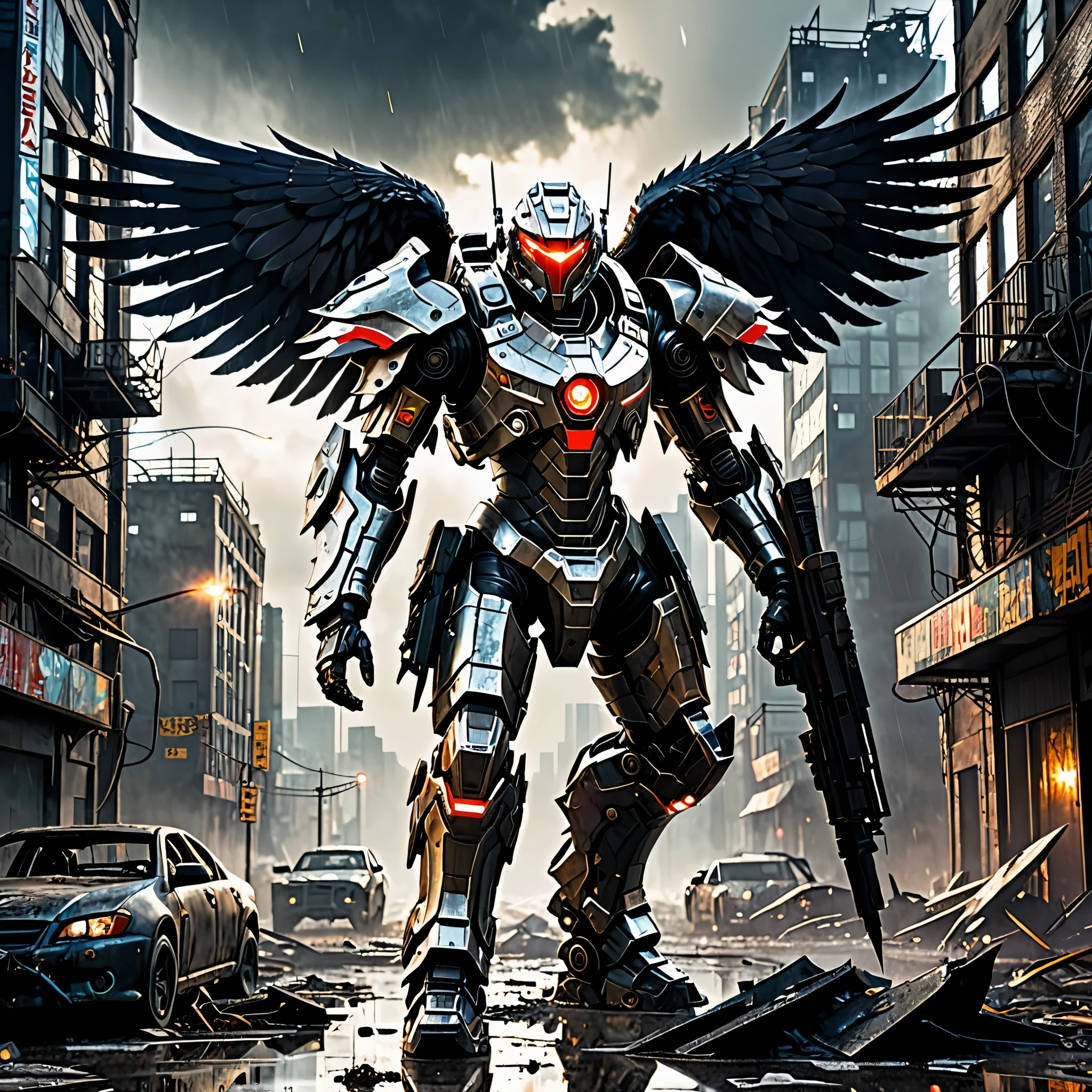 (highres:1.2),detailed battle cyborg,strides through ruined city with Crow theming,incredible attention to detail,metallic armor with intricate designs,glowing red eyes,feathers and wings on the back,sinister atmosphere,dark and desolate streets,destroyed skyscrapers in the background,mysterious fog,ominous shadows,contrast of vibrant city lights with the dystopian setting,post-apocalyptic ambiance,gritty and gritty textures,high-tech weapons and gadgets,mechanical limbs,sparks of electricity,fine reflection and shine on the armor,sharp and dramatic lighting effects,slightly desaturated color palette,expressive pose and dynamic movement,ominous clouds hanging in the sky.