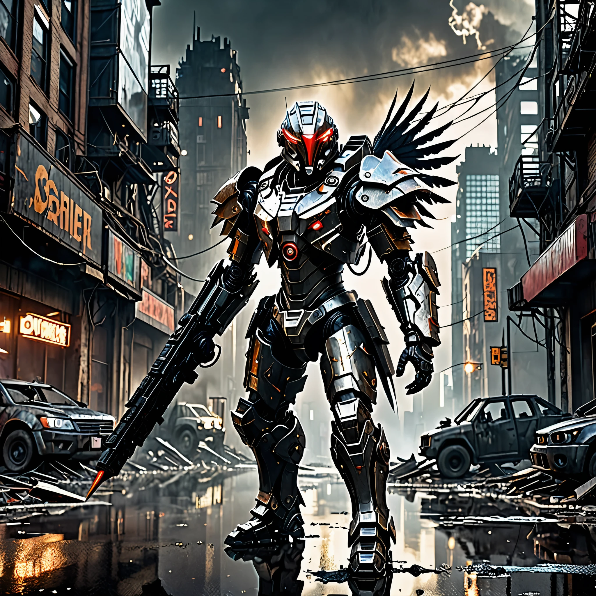 (highres:1.2),detailed battle cyborg,strides through ruined city with Crow theming,incredible attention to detail,metallic armor with intricate designs,glowing red eyes,feathers and wings on the back,sinister atmosphere,dark and desolate streets,destroyed skyscrapers in the background,mysterious fog,ominous shadows,contrast of vibrant city lights with the dystopian setting,post-apocalyptic ambiance,gritty and gritty textures,high-tech weapons and gadgets,mechanical limbs,sparks of electricity,fine reflection and shine on the armor,sharp and dramatic lighting effects,slightly desaturated color palette,expressive pose and dynamic movement,ominous clouds hanging in the sky.