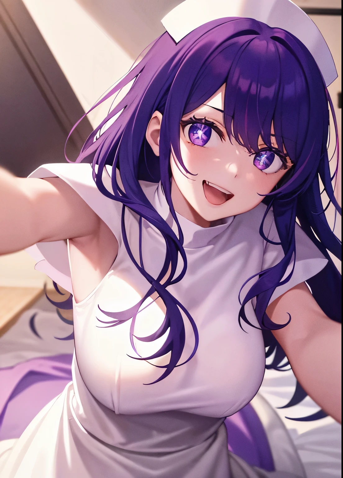 masterpiece, best quality, beautiful detailed hair detailed face, perfect feminine face, [outline:1.5], (happy:1.2), open mouth, smiling, (close-up potrait:1.2), face focus, a beautiful and cute girl with sparkling and glowing purple hair, see-through night gown, night gown wearing, sleepwear, yawning, open mouth, sitting on the bed, young girl, solo, 1girl, ahoge, side hair, very long hair, shiny skin, lens flare, sharp focus, volumetric lighting, trending on artstation, pixiv, by sakimichan, george kamitani, akira yasuda, alphonse mucha, greg rutkowski, gil elvgren, william-adolphe bouguereau, oil on canvas, look at viewer, wide perspective, cowboy shot, (from above)