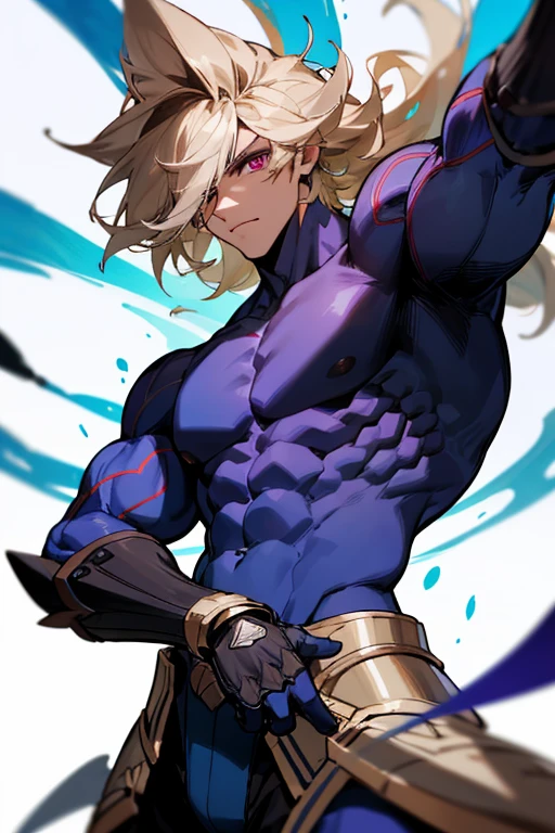 Hombre, muscular, alto, pelo morado, ojos azules, con armadura plateada