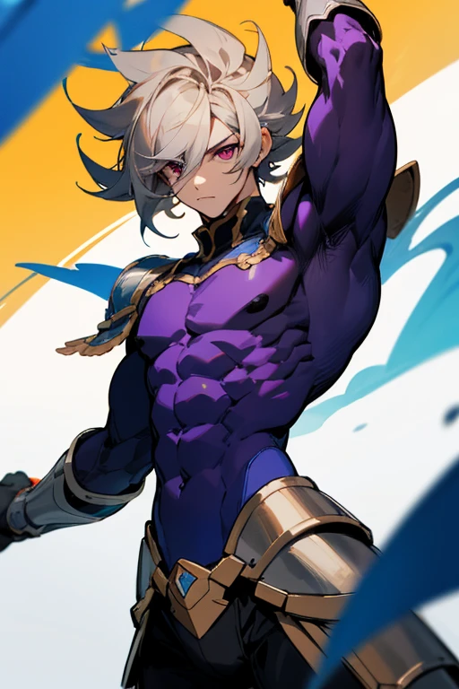 Hombre, muscular, alto, pelo morado, ojos azules, con armadura plateada 