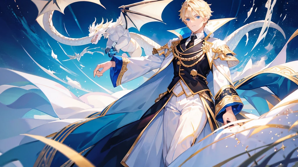 handsome boy, boy with blonde hair, blue eyes, white and black royal clothes, dragon behind him, 8k resolution, sky
