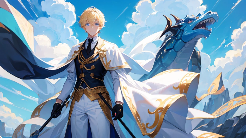 handsome boy, boy with blonde hair, blue eyes, white and black royal clothes, dragon behind him, 8k resolution, sky