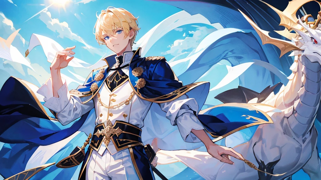 handsome boy, boy with blonde hair, blue eyes, white and black royal clothes, dragon behind him, 8k resolution, sky