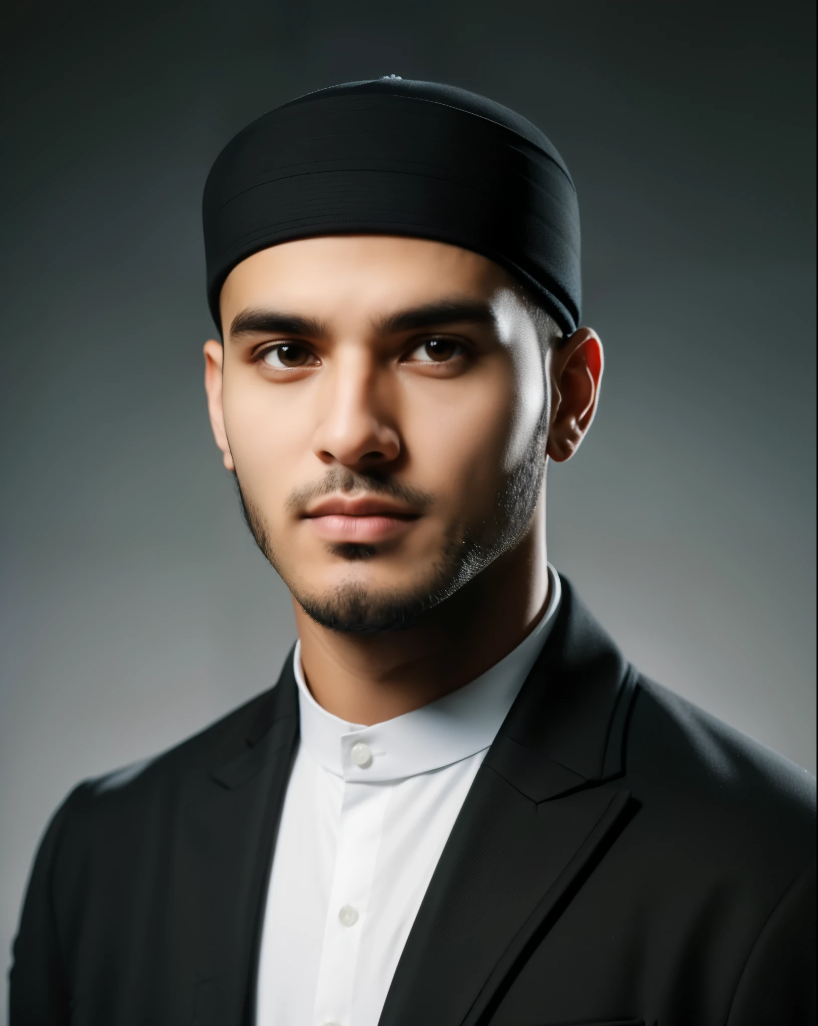 half body portrait of a Muslim man without a mustache and beard with a black skull cap wearing a black blazer and white shirt
