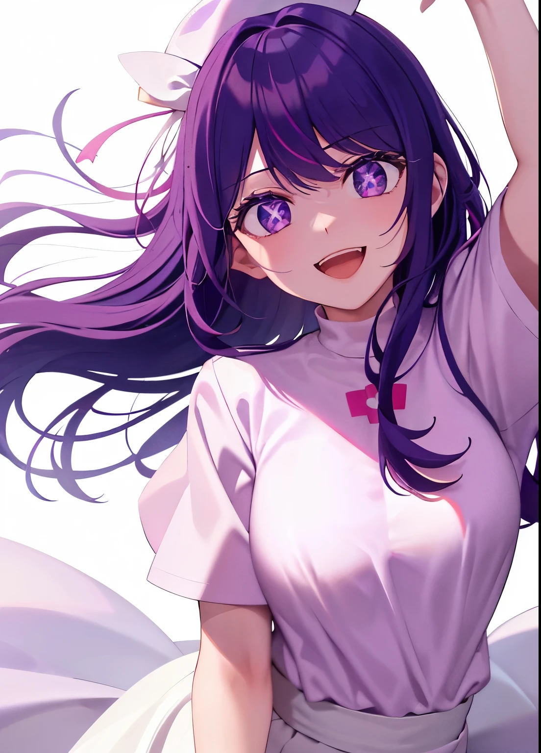 one-girl，nurses（（There is a five-pointed star in the eye））Gorgeous Hair in Long Purple，Smile，Open mouth ，nurses，hospitals，White nurse clothes，White nurse hat，looki at viewer，Blood