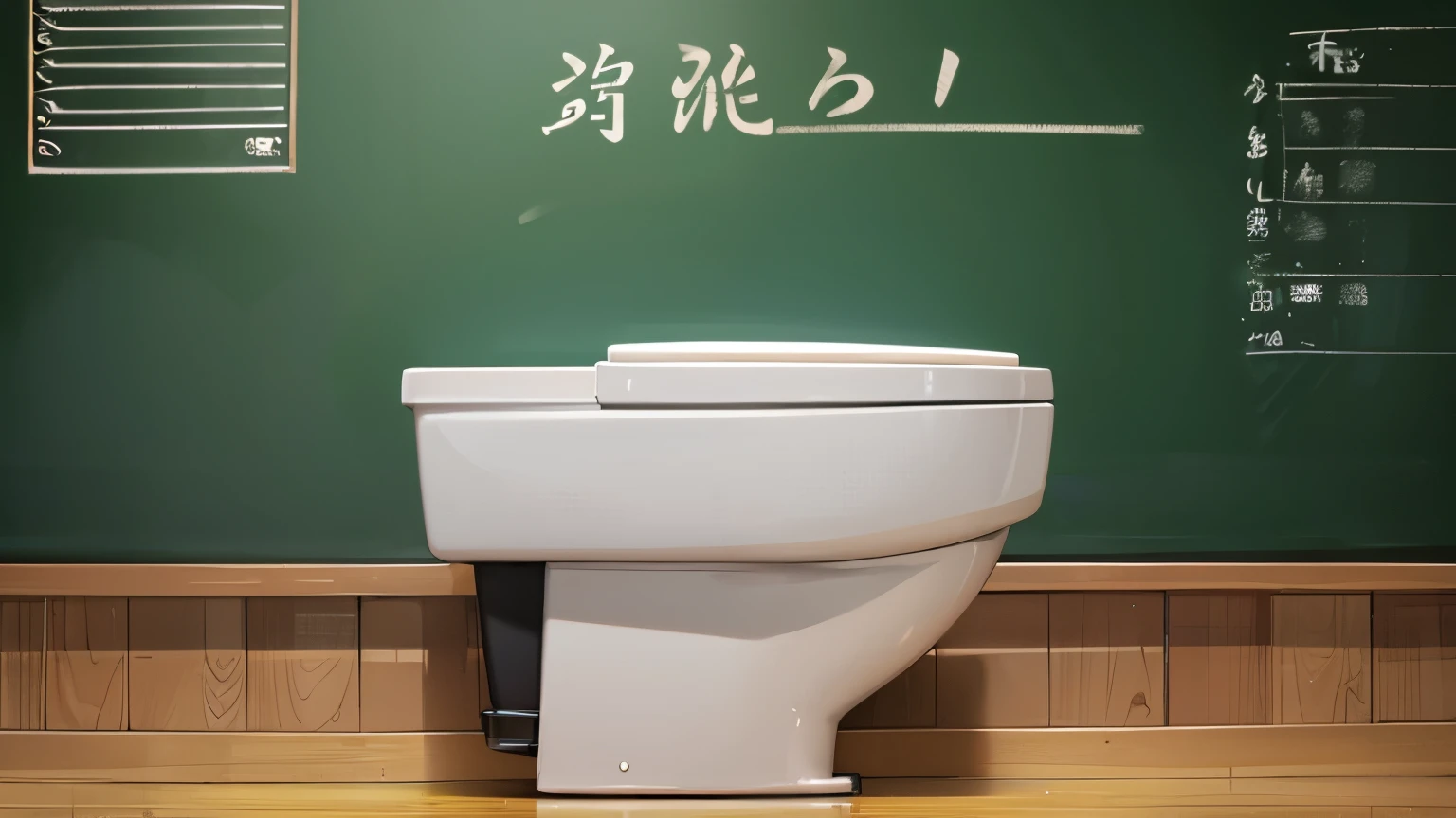 Blackboard background、A toilet placed on a teacher's desk、classroom