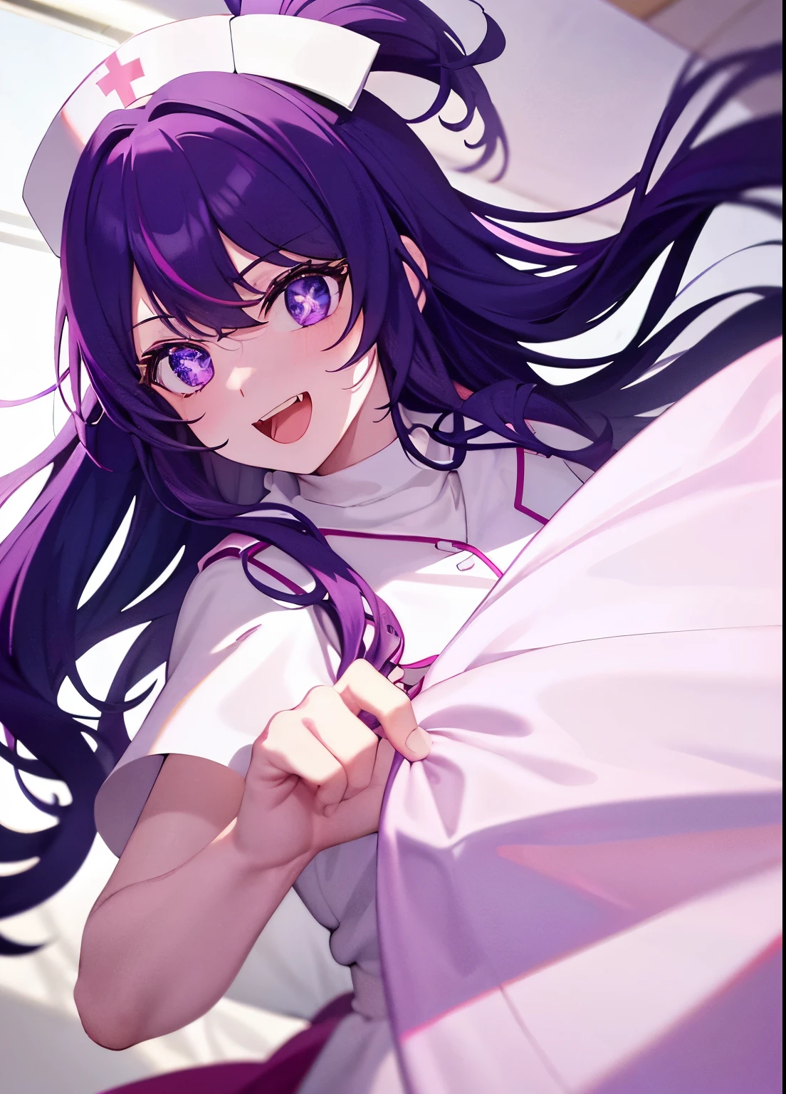 one-girl,nurses((There is a five-pointed star in the eye))Gorgeous Hair in Long Purple,Smile,Open mouth ,nurses,hospitals,White nurse clothes,White nurse hat,looki at viewer,Blood