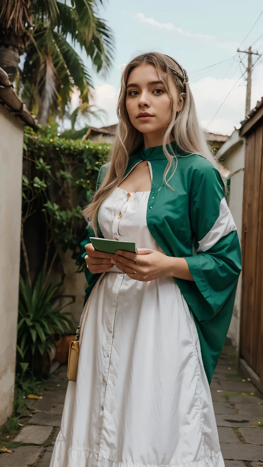 Uma personagem usando roupas de um culto a lua, roupas largas mas que marcam o corpo como uma capa mas com mangas. This outfit is white and is more like an ordinary person among the cult&#39;s people.. She uses spells but they are preparation spells, lendo livros, throwing potions, etc. ela foi excomungada do grupo dela e quero que de pra ver q ela usa as vestes mas ja nao faz parte daquilo. Olhos verdes nariz grande e cabelo ondulado