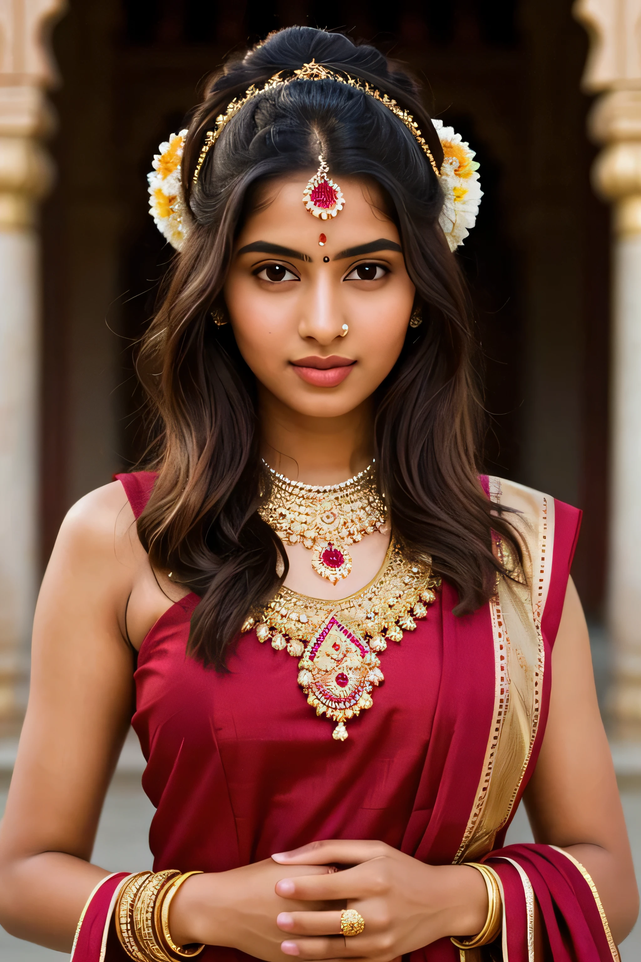 Highly detailed, High definition, 4K, 1 Indian young girl, highly detailed hair, perfect hair:1.5, bun and fringes hair style, Highly detailed face, perfect face:1.5, highly detailed eyes, perfect eyes:1.5, highly detailed body , perfect body:1.5, fairly and glossy skin, shinning body, full body view, highly detailed lips, perfect lips:1.5, wearing golden jewelleries, wearing indian Salwar, girl praying to god, highly detailed background, perfect background:1.5, hindu temples as background