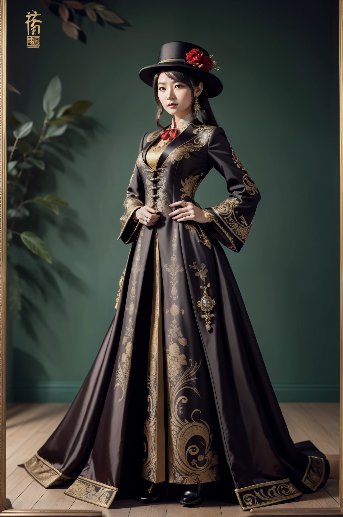Hu Tao of Genshin, image of a woman in a suit with a hat, ((in aristocratic attire)), complex outfit, ornate outfit, clothing design, full portrait of an elementalist, full body photography