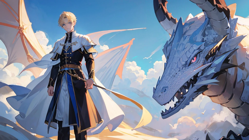 handsome boy, boy with blonde hair, blue eyes, white and black royal clothes, dragon behind him, 8k resolution, sky