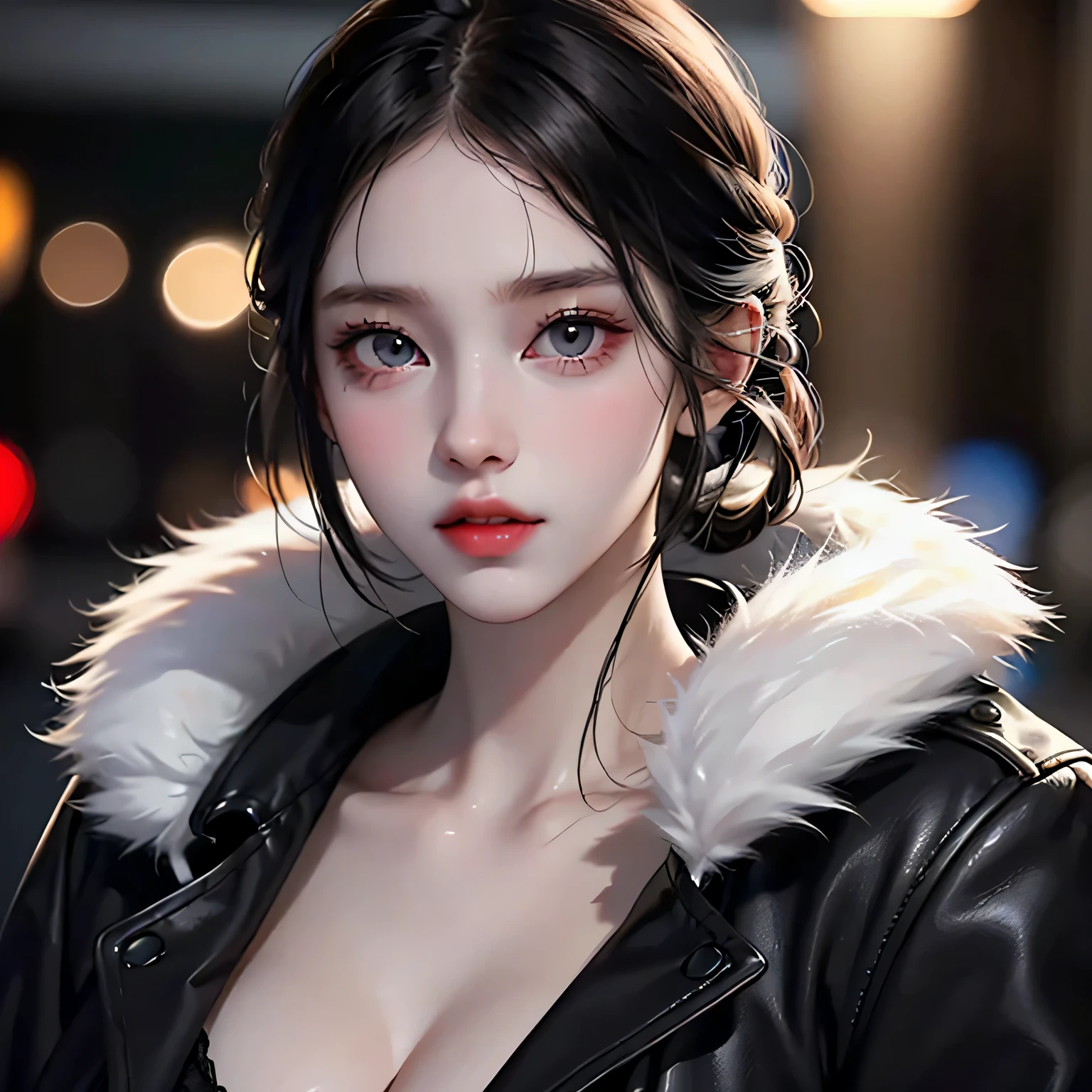 Beautiful girl with realistic black eyes, pale skin, medium length black hair, perfect face, perfect eyes, wearing a coat, very detailed, comprehensive movie, digital painting, 8K, cinematic lighting, highest quality, High resolution, Great job!, Post-processing, perfect result, surreal,(((revealing clothes))),big breasts