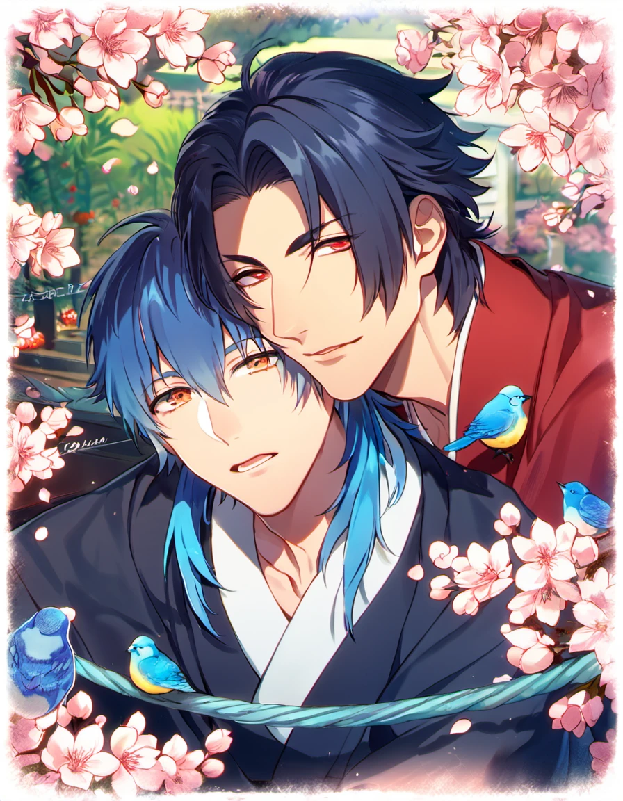 absurdres, highres, ultra detailed, HDR, masterpiece, Koujaku, dark navy hair that is short and a little chopped at the top, expressive red eyes, Dramatical Murder, Seragaki Aoba, blue hair, expressive golden eyes, 2men together, gay couple, handsome, red kimono, designed with decorations such as blue leaves, birds and blossoms, petals, garden