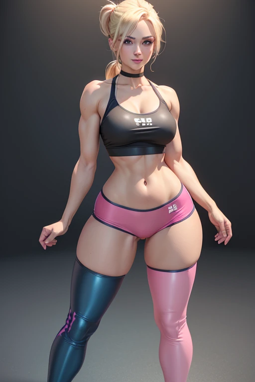 The full body image shows a Blonde Woman, blue eyes, pony tail hairstyle, wearing a rainbow color t-shirt, small waist, wide hips, thick legs, pink wrestling leggings, black wrestlingboots, sexy body, highest detailed, detailed clothes, only black color, detailed body, detailed face, posing in a happy manner