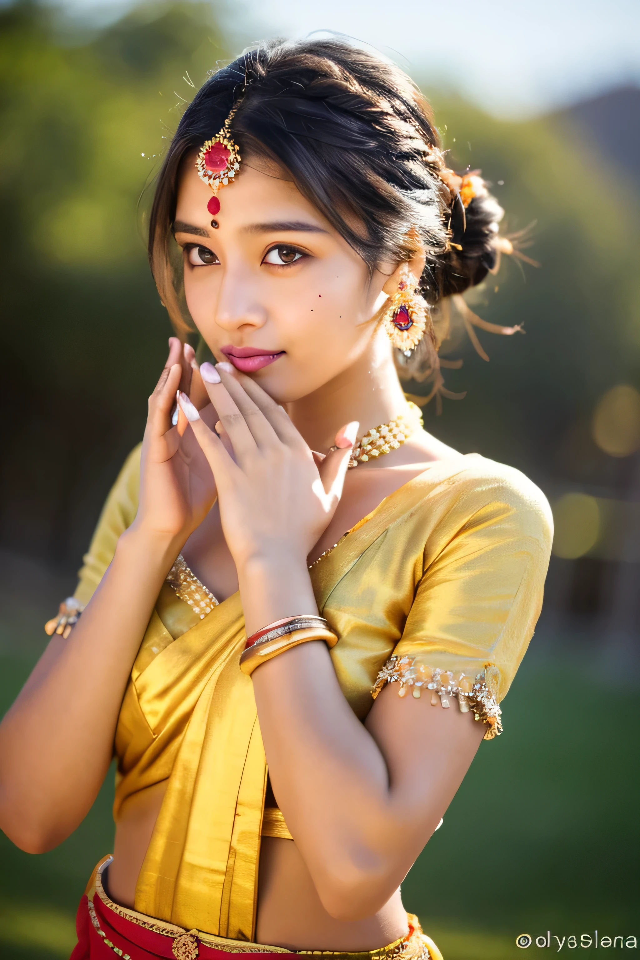 Highly detailed, High definition, 4K, 1 Indian young girl, highly detailed hair, perfect hair:1.5, bun and fringes hair style, Highly detailed face, perfect face:1.5, highly detailed eyes, perfect eyes:1.5,  highly detailed body , perfect body:1.5, fairly and glossy skin, shinning body, full body view, highly detailed lips, perfect lips:1.5, wearing golden jewelleries, wearing indian Salwar, girl praying to god, highly detailed background, perfect background:1.5, hindu temples as background