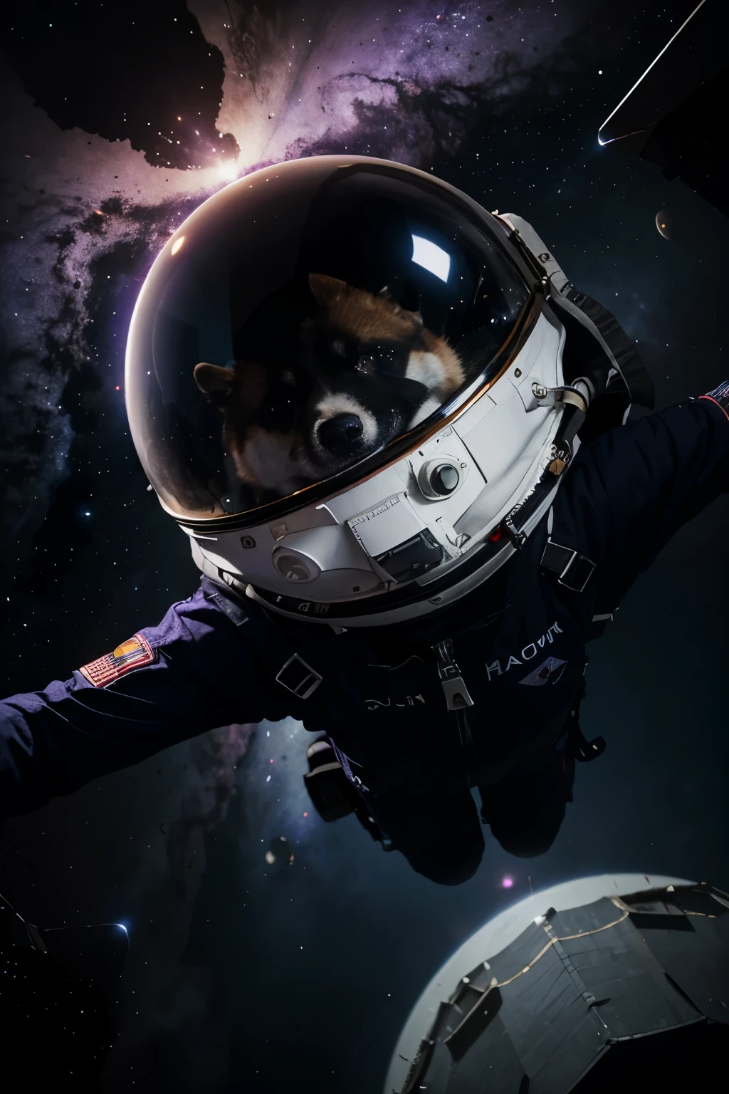 draw of an astronaut with parachain and sourronded by cryptos with a purple space and a black hole in the background also a shiba dog with an astronaut helmet beside the astronaut